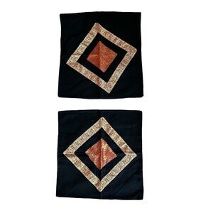 Black Brocade Accent Cushion Cover with Red/Gold Fabric Appliqué
